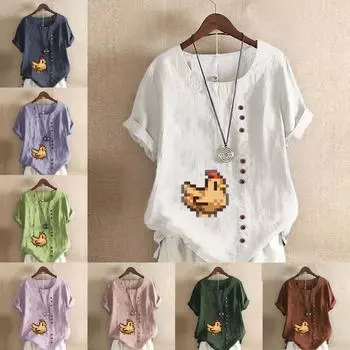 Женская модная футболка с круглым вырезом и коротким рукавом с принтом «курица» Повседневная хлопковая льняная рубашка с рисунком для отдыха Свободная летняя блузка Топы S розовый