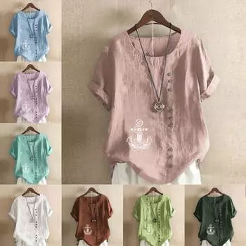 Женская модная футболка с круглым вырезом и коротким рукавом, повседневная хлопковая льняная рубашка с рисунком, свободная летняя блузка с принтом для отдыха, корабельный якорь, топы S розовый