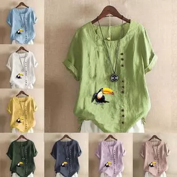 Женская модная футболка с круглым вырезом и коротким рукавом, повседневная рубашка из хлопка и льна с рисунком, свободная летняя блузка с принтом попугаев, топы S розовый