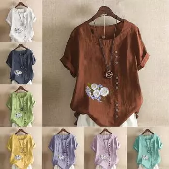 Женская модная футболка с круглым вырезом и коротким рукавом, повседневная хлопковая льняная рубашка с принтом хризантем, летняя блузка, топы больших размеров S розовый