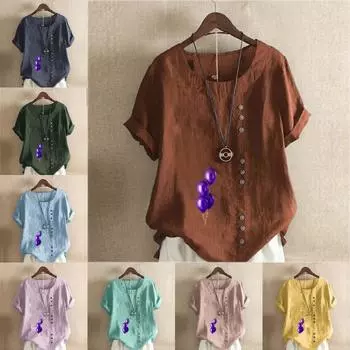 Женская модная футболка с круглым вырезом и коротким рукавом с принтом в виде воздушного шара, повседневная рубашка из хлопка и льна с графическим принтом, свободная летняя блузка для отдыха, топы S розовый