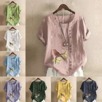 Женская модная футболка с круглым вырезом и коротким рукавом с принтом птиц, повседневная хлопково-льняная рубашка с рисунком, свободная летняя блузка для отдыха, топы S розовый