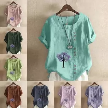 Женская модная футболка с круглым вырезом и коротким рукавом, повседневная рубашка из хлопка и льна с рисунком, свободная летняя блузка с принтом в виде деревьев, топы S розовый