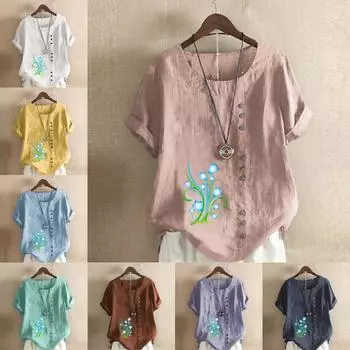 Женская модная футболка с круглым вырезом и коротким рукавом с цветочным принтом, повседневная рубашка из хлопка и льна с графическим принтом, свободная летняя блузка, топы больших размеров S розовый