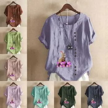 Женская модная футболка с круглым вырезом и коротким рукавом с принтом кролика, повседневная хлопково-льняная рубашка с рисунком, свободная летняя блузка для отдыха, топы S розовый