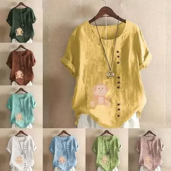 Женская модная футболка с круглым вырезом и коротким рукавом, повседневная рубашка из хлопка и льна с рисунком, свободная летняя блузка с принтом обезьяны, топы S розовый