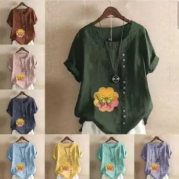 Женская модная футболка с круглым вырезом и коротким рукавом с принтом бабочки, повседневная хлопково-льняная рубашка с рисунком, свободная летняя блузка для отдыха, топы S розовый