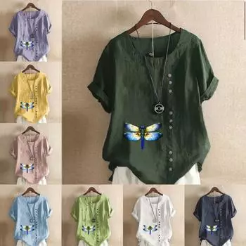 Женская модная футболка с круглым вырезом и коротким рукавом, повседневная рубашка из хлопка и льна с принтом, свободная летняя блузка с принтом «Синяя стрекоза», топы S розовый