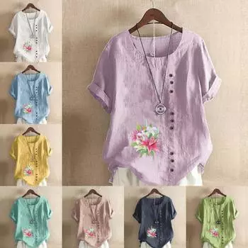 Женская модная футболка с круглым вырезом и коротким рукавом, повседневная хлопковая льняная рубашка с рисунком, свободная летняя блузка с цветочным принтом для отдыха, топы S розовый