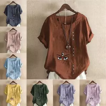 Женская модная футболка с круглым вырезом и коротким рукавом, повседневная хлопковая льняная рубашка с рисунком, свободная летняя блузка с принтом «Три глаза», топы S розовый