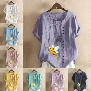 Женская модная футболка с круглым вырезом и коротким рукавом с принтом пчелы, повседневная рубашка из хлопка и льна с рисунком, свободная летняя блузка для отдыха, топы S розовый