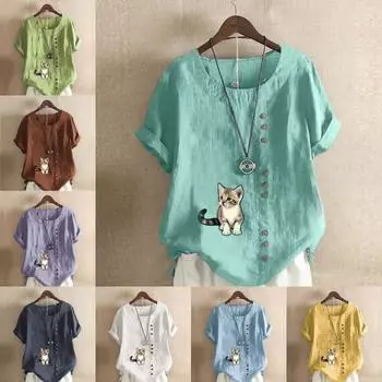 Женская модная футболка с круглым вырезом и коротким рукавом, повседневная хлопково-льняная рубашка с рисунком, свободная летняя блузка с принтом кота для отдыха, топы S розовый