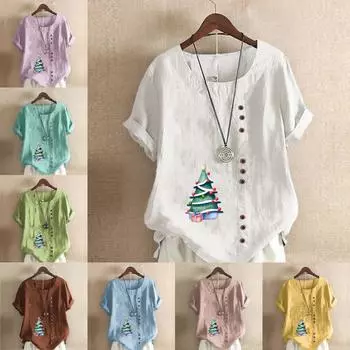 Женская модная футболка с круглым вырезом и коротким рукавом, повседневная хлопковая льняная рубашка с рисунком в виде рождественской елки, летняя блузка, топы больших размеров S розовый