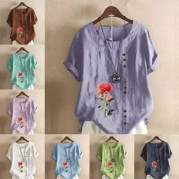 Женская модная футболка с круглым вырезом и коротким рукавом, повседневная хлопковая льняная рубашка с рисунком, свободная летняя блузка с цветочным принтом для отдыха, топы S розовый