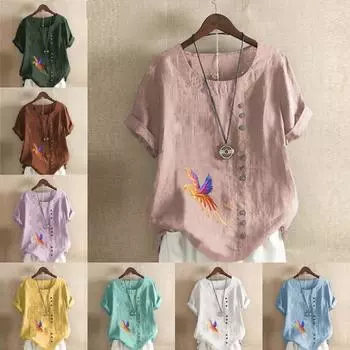 Женская модная футболка с круглым вырезом и коротким рукавом, повседневная хлопковая льняная рубашка с рисунком, белая летняя блузка с принтом «Феникс», топы больших размеров S розовый