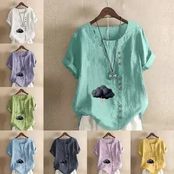 Женская модная футболка с круглым вырезом и коротким рукавом, повседневная рубашка из хлопка и льна с рисунком, свободная летняя блузка с принтом «Темные облака», топы S розовый