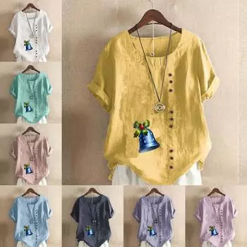 Женская модная футболка с круглым вырезом и коротким рукавом с принтом в виде колокольчика, повседневная рубашка из хлопка и льна с рисунком, свободная летняя блузка для отдыха, топы S розовый