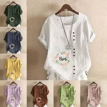 Женская модная футболка с круглым вырезом и коротким рукавом, повседневная хлопковая льняная рубашка с графическим принтом, свободная летняя блузка с принтом в виде венка из букв, топы S розовый