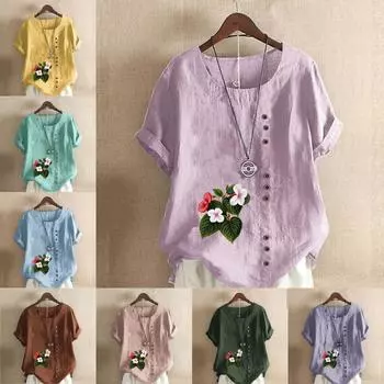 Женская модная футболка с круглым вырезом и коротким рукавом, повседневная хлопковая льняная рубашка с графическим принтом, свободная летняя блузка с цветочным принтом, топы S розовый