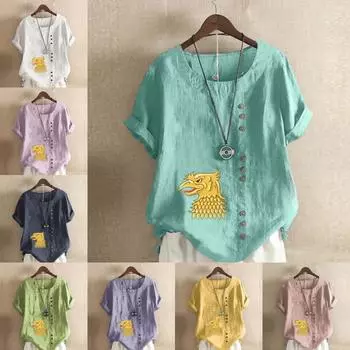 Женская модная футболка с круглым вырезом и коротким рукавом с принтом орла, повседневная хлопково-льняная рубашка с рисунком, свободная летняя блузка для отдыха, топы S розовый