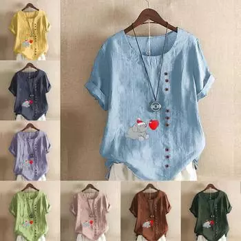 Женская модная футболка с круглым вырезом и коротким рукавом, повседневная рубашка из хлопка и льна с рисунком, свободная летняя блузка с принтом слона, топы S розовый