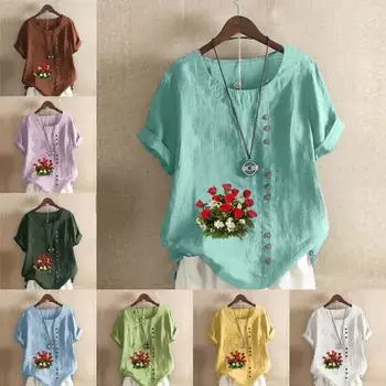 Женская модная футболка с круглым вырезом и коротким рукавом, повседневная рубашка из хлопка и льна с рисунком, свободная летняя блузка с принтом в виде букета цветов S розовый