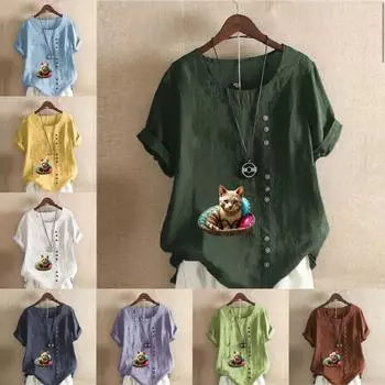 Женская модная футболка с круглым вырезом и коротким рукавом, повседневная хлопково-льняная рубашка с рисунком, свободная летняя блузка с принтом кота для отдыха, топы S розовый