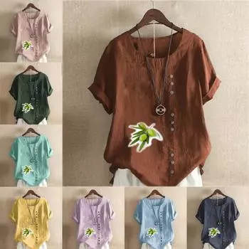 Женская модная футболка с круглым вырезом и коротким рукавом с принтом зеленого винограда, повседневная рубашка из хлопка и льна с рисунком, свободная летняя блузка для отдыха, топы S розовый