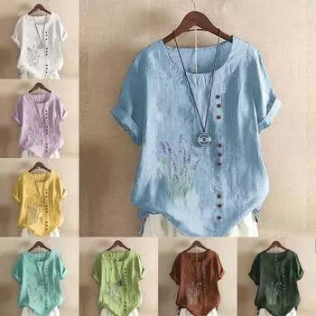 Женская модная футболка с круглым вырезом и коротким рукавом, повседневная хлопковая льняная рубашка с рисунком, свободная летняя блузка с фиолетовым цветочным принтом для отдыха, топы S розовый