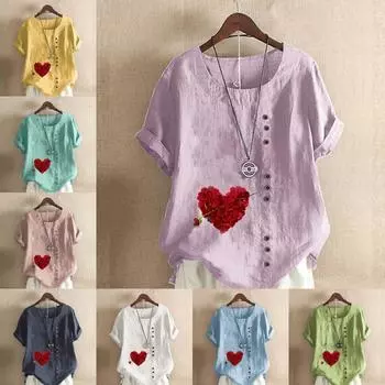 Женская модная футболка с круглым вырезом и коротким рукавом, повседневная хлопковая льняная рубашка с рисунком, свободная летняя блузка с принтом в форме сердца для отдыха, топы S розовый