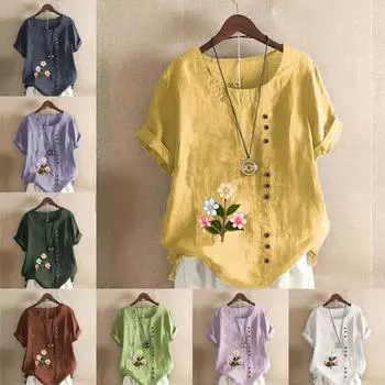 Женская модная футболка с круглым вырезом и коротким рукавом, повседневная рубашка из хлопка и льна с узором, свободная летняя блузка с цветочным принтом, топы S розовый