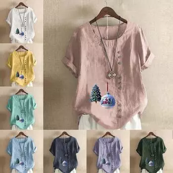 Женская модная футболка с круглым вырезом и коротким рукавом, повседневная рубашка из хлопка и льна с принтом, свободная летняя блузка с принтом в виде рождественской елки и колокольчика S розовый