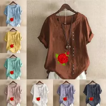 Женская модная футболка с круглым вырезом и коротким рукавом, повседневная рубашка из хлопка и льна с рисунком, свободная летняя блузка с принтом роз, топы S розовый