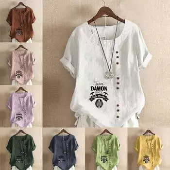 Женская модная футболка с круглым вырезом и коротким рукавом, повседневная хлопковая льняная рубашка с графическим принтом, свободная летняя блузка с буквенным принтом, топы S розовый