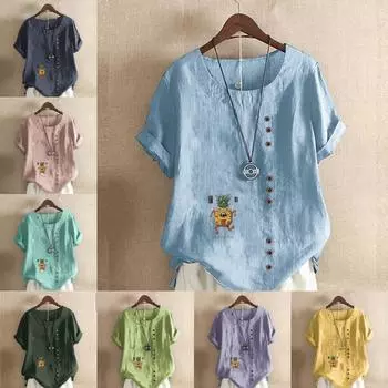 Женская модная футболка с круглым вырезом и коротким рукавом, повседневная хлопковая льняная рубашка с рисунком, свободная летняя блузка с принтом ананаса для отдыха, топы S розовый