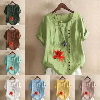 Женская модная футболка с круглым вырезом и коротким рукавом, повседневная хлопковая льняная рубашка с рисунком, свободная летняя блузка с цветочным принтом для отдыха, топы S розовый