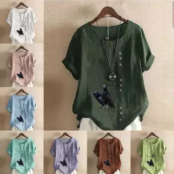 Женская модная футболка с круглым вырезом и коротким рукавом, повседневная рубашка из хлопка и льна с рисунком, свободная летняя блузка с принтом «вороны», топы S розовый