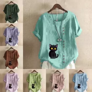 Женская модная футболка с круглым вырезом и короткими рукавами с принтом кота, повседневная хлопково-льняная рубашка с рисунком, свободная летняя блузка для отдыха, топы S розовый