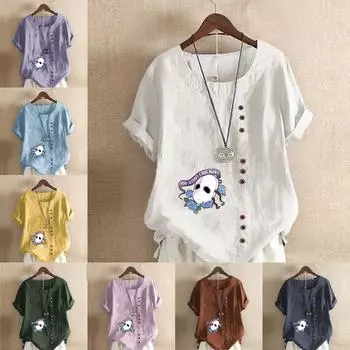 Женская модная футболка с круглым вырезом и коротким рукавом, повседневная хлопковая льняная рубашка с рисунком, белая летняя блузка с принтом в виде маски, топы больших размеров S розовый