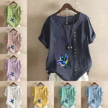 Женская модная футболка с круглым вырезом и коротким рукавом с принтом бабочки, повседневная хлопково-льняная рубашка с рисунком, свободная летняя блузка для отдыха, топы S розовый