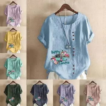 Женская модная футболка с круглым вырезом и коротким рукавом, повседневная рубашка из хлопка и льна с рисунком, свободная летняя блузка с цветочным принтом, топы больших размеров S розовый