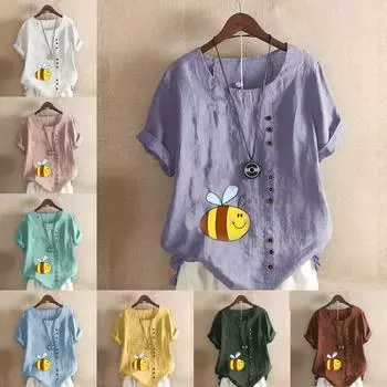 Женская модная футболка с круглым вырезом и коротким рукавом, повседневная рубашка из хлопка и льна с принтом, свободная летняя блузка с принтом медоносной пчелы, топы S розовый