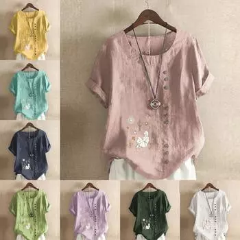 Женская модная футболка с круглым вырезом и коротким рукавом, повседневная хлопково-льняная рубашка с рисунком, женская летняя блузка с цветочным принтом, топы S розовый