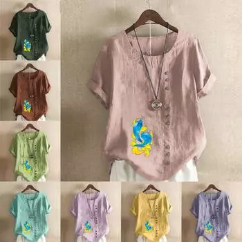 Женская модная футболка с круглым вырезом и коротким рукавом, повседневная рубашка из хлопка и льна с рисунком, свободная летняя блузка с принтом в виде рыбы, топы S розовый