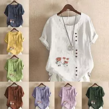 Женская модная футболка с круглым вырезом и коротким рукавом, повседневная хлопковая льняная рубашка с рисунком, свободная летняя блузка с принтом для отдыха, летняя блузка с принтом S розовый