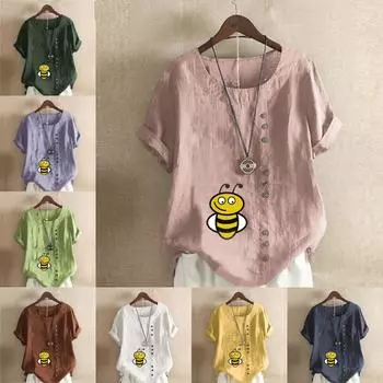 Женская модная футболка с круглым вырезом и коротким рукавом, повседневная рубашка из хлопка и льна с принтом, свободная летняя блузка с принтом медоносной пчелы, топы S розовый