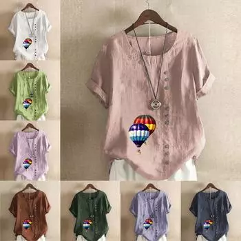 Женская модная футболка с круглым вырезом и коротким рукавом, повседневная рубашка из хлопка и льна с принтом, свободная летняя блузка с принтом в виде воздушного шара, топы S розовый