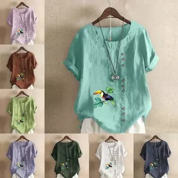 Женская модная футболка с круглым вырезом и коротким рукавом с принтом птиц, повседневная хлопково-льняная рубашка с рисунком, свободная летняя блузка для отдыха, топы S розовый