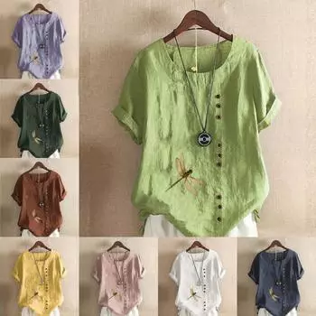 Женская модная футболка с круглым вырезом и коротким рукавом, повседневная хлопковая льняная рубашка с принтом в виде стрекозы, летняя блузка, топы S розовый