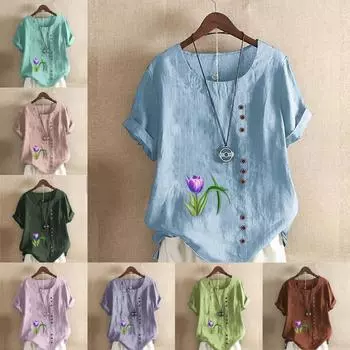 Женская модная футболка с круглым вырезом и коротким рукавом, повседневная рубашка из хлопка и льна с рисунком, свободная летняя блузка с принтом тюльпанов, топы S розовый